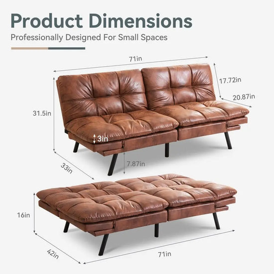 Sofa Bed Convertible Couch, Brown Faux Leather Sofa Bed with Memory Foam, Adjustable Backrest amp Armrests, Multifunctional Sma