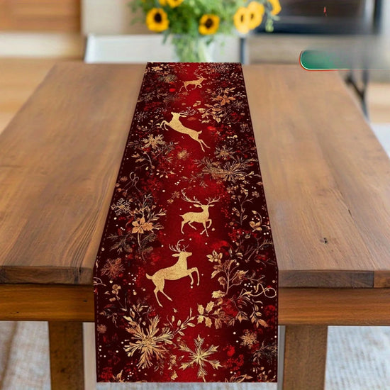 Elegant Burgundy & Golden Christmas Table Runner, Holiday Decor Kitchen