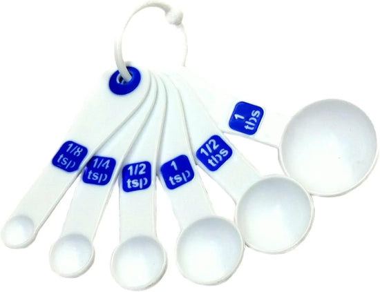 6-Piece Plastic Measuring Spoon Set, White and Blue, Dishwasher Safe