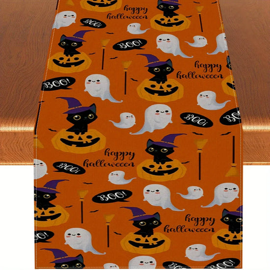 Halloween Table Runner with Cat, Ghost & Pumpkin Pattern, Multiple Sizes