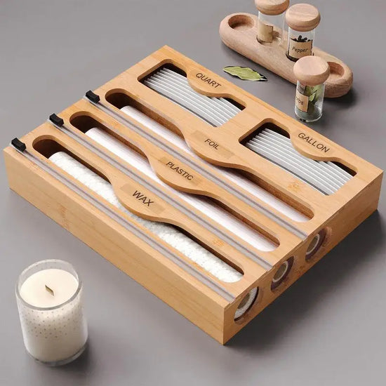 5-in-1 Kitchen Multifunctional Wrap Dispenser with Cutter, Bamboo Ziplock Bag Organizer