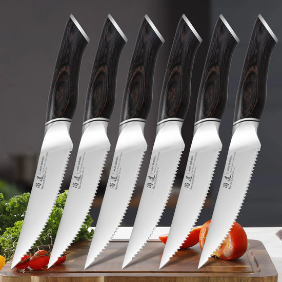 Set of 6 Steak Knife, High Carbon Steel with Pakkawood Handle