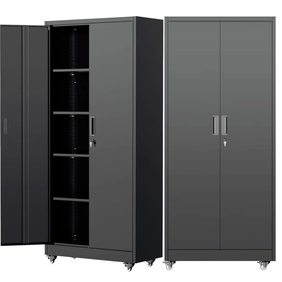 73" Metal Storage Cabinet with Wheels and 4 Adjustable Shelves