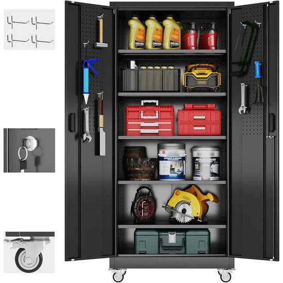 Garage Storage Cabinet with Lockable Pegboard Door and 5 Adjustable Shelves
