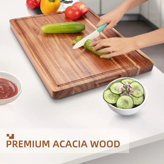 Acacia Wooden Cutting Board with Side Handles & Juice Grooves