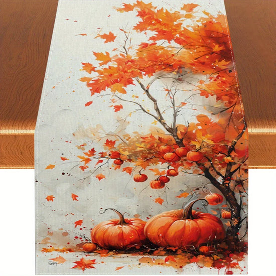 Pumpkin, Maple Leaf & Autumn Tree Pattern Halloween Table Runner, Multiple Sizes