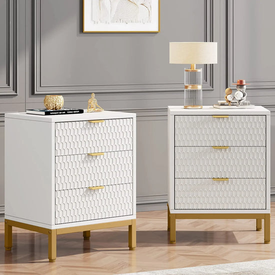 Modern Nightstand, Tall Bedside Table with 3 Drawers,