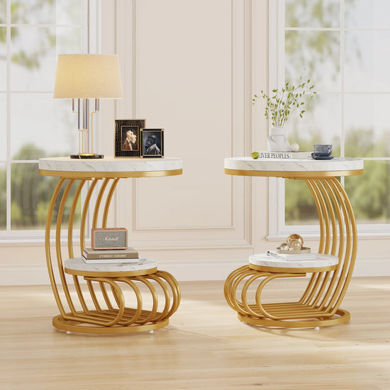 Gold Round End Table: 2 Tiers Faux Marble Side Table with Storage Shelf