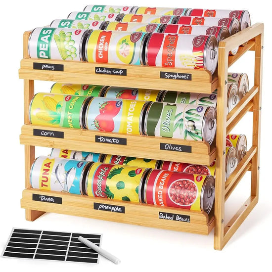 3-Tier Bamboo Can Organizer with Label Sticker & Marker for Pantry Storage