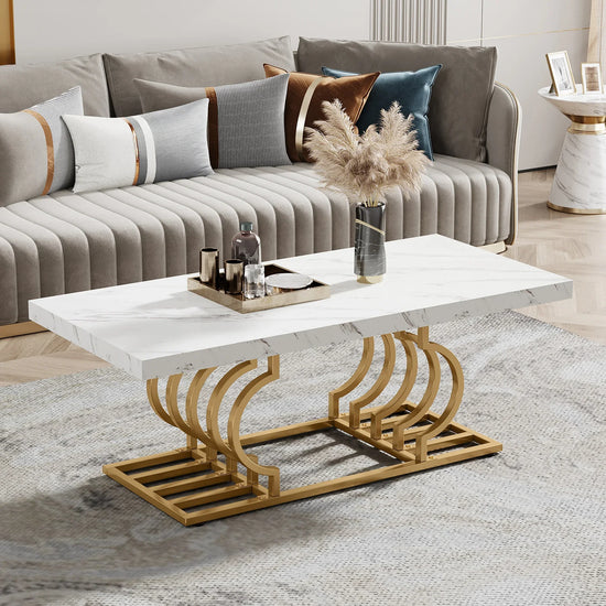 Coffee Table, Faux Marble Cocktail Table with Geometric Frame