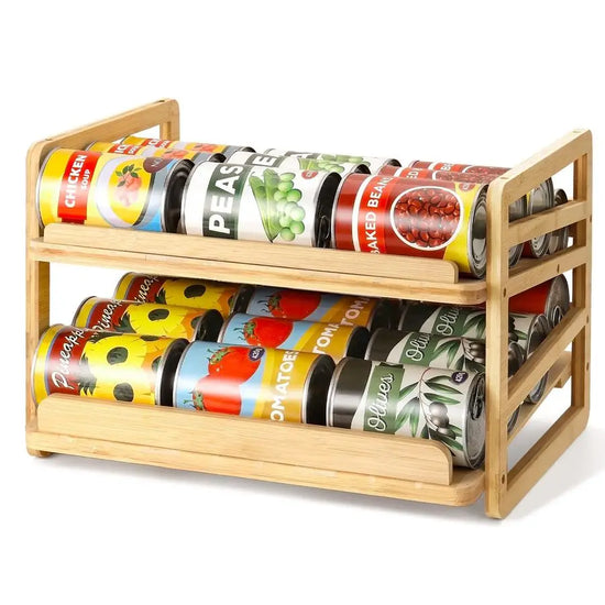 Bamboo Can Organizer Rack, Stackable Double Layer Canned Goods Holder