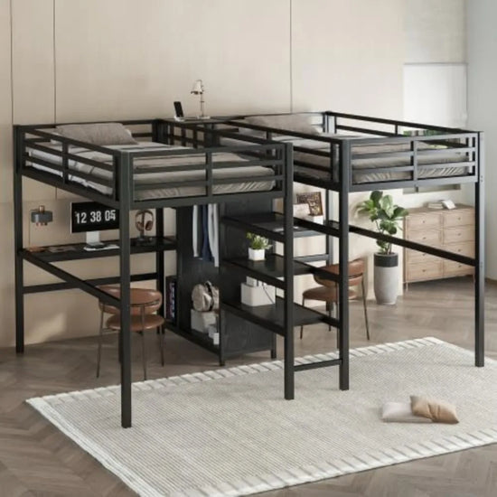 Double Twin Bed with Desk, Wardrobe, & Storage with Metal Frame
