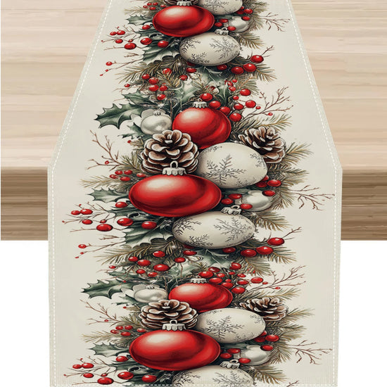 Christmas Table Runner with Ornaments, Pine Cones & Holly Berries