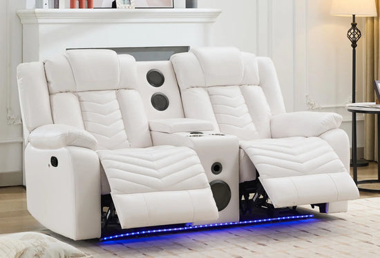 Manual Recliner Loveseat with Bass Speaker, Faux Leather LED Lights, USB Charger, Cup Holder